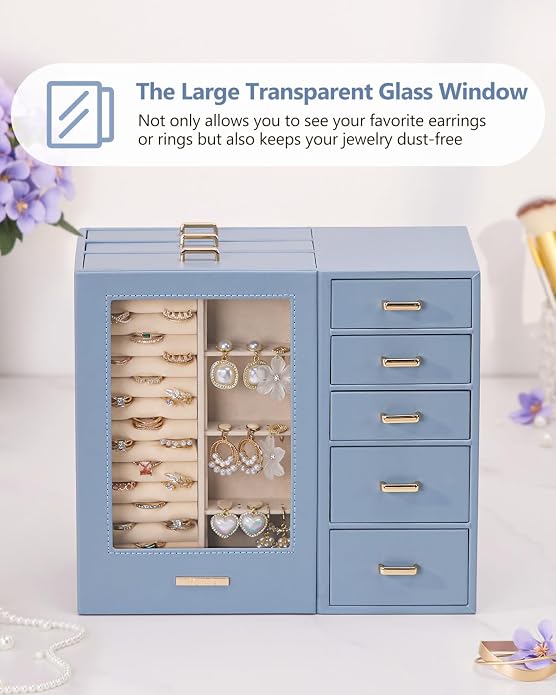 Homde Large Jewelry Box/Organizer/Case with Glass Window, Drawers for Necklaces Earrings Rings Bracelets Watches Gift for Women Girls - Image 2
