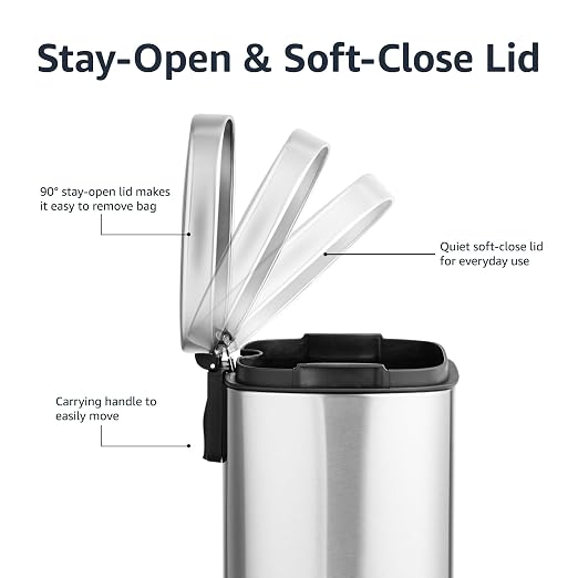 Amazon Basics Smudge Resistant Mini Rectangular Trash Can with Soft-Close Lid, Foot Pedal, Removable Inner Bucket, 5L/1.32 Gal, Brushed Stainless Steel, for Bathroom & Small Space, Satin Nickel Finish - Image 6