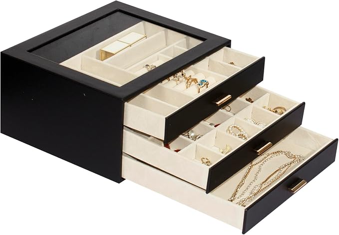 Jewelry Box with Glass Lid, 3-Layer Jewelry Organizer for Women Girls, PU Leather Display Case with 20-Grid Earring Tray & Movable Dividers for Necklaces Rings,Black - Image 8