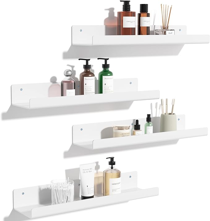 upsimples Acrylic Shelves for Wall Decor, 15" Display Shelf Perfume Organizer for Bathroom, Bedroom, Living Room, Floating Bookshelves for Kids, White, 4 Pack | for Kids, Display Shelf, Organizer, for Bathroom, Bedroom, Living Room Decor by upsimples