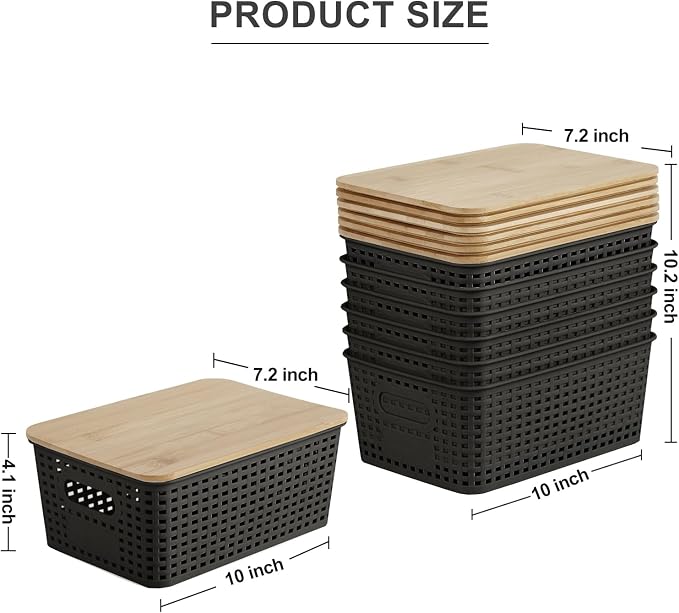 Bagnizer Small Plastic Storage Bins with Bamboo Lids 5.2qt Stackable Box Basket Pantry Decorative Containers Cute with Labels for Organizing Desktop Closet Office Black of 6 packs 10 * 7.2 * 4.1" - Image 2