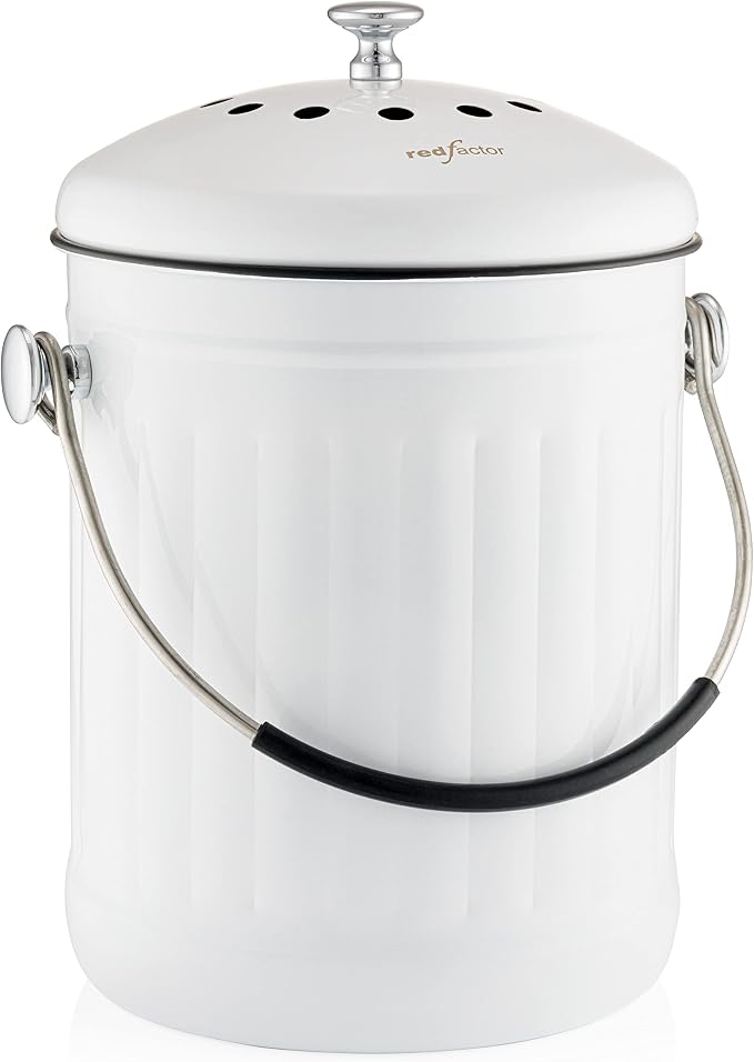 RED FACTOR Premium Compost Bin for Kitchen Countertop - Stainless Steel Food Waste Bucket with Innovative Dual Filter Technology - Includes Spare Filters (White, 1.3 Gallon) by REDFACTOR