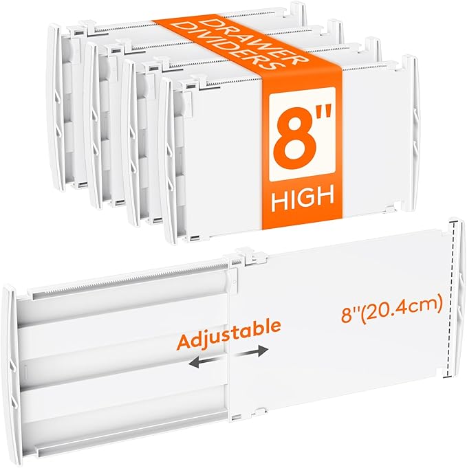 Lifewit 8" Tall 4 Pack Drawer Dividers, 35-56.5cm/13.8-22.2" Expandable Drawer Divider for Clothes, Adjustable Dresser Drawer Organizers, Drawers Separators for Dresser/Bathroom/Closet/Kitchen White by Lifewit