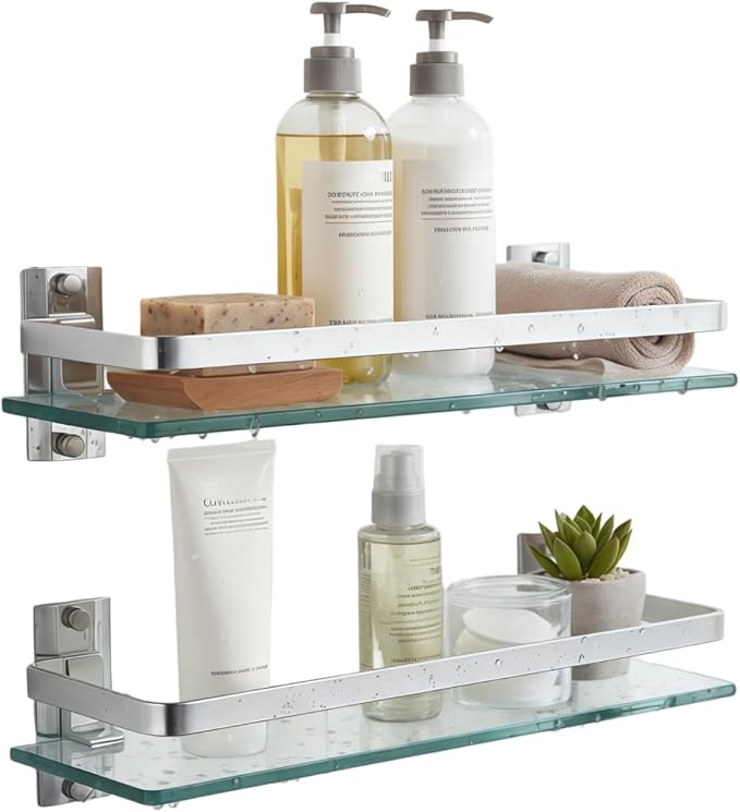 AIJALY 2 Pack Bathroom Glass Shelf,15.7 Inches Silver Bathroom Shower Glass Shelf Wall-Mounted, Metal Storage Floating Kitchen Shelf by AIJALY