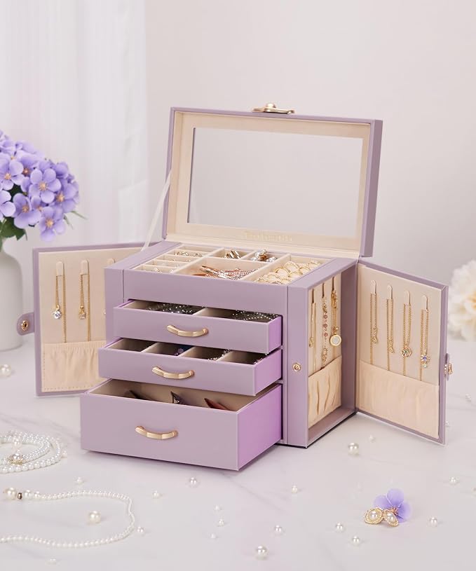 Enthralite Jewelry Box with 3 Drawers: Display Organizer for Earrings Necklaces - Gifts for Girls Women (Grey Purple) - Image 8
