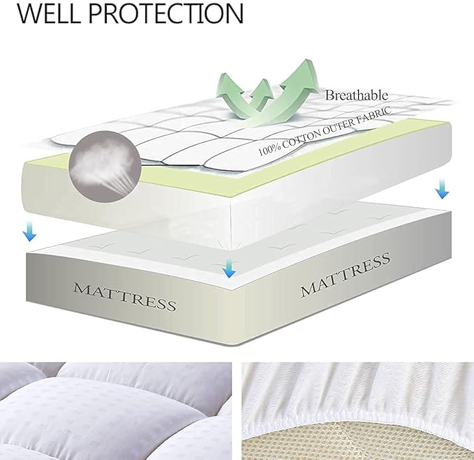 EASELAND Queen Size Mattress Pad Pillow Top Mattress Cover Quilted Fitted Mattress Protector Cotton Top Stretches up 8-21" Deep Pocket Cooling Mattress Topper (60x80 inch, White)