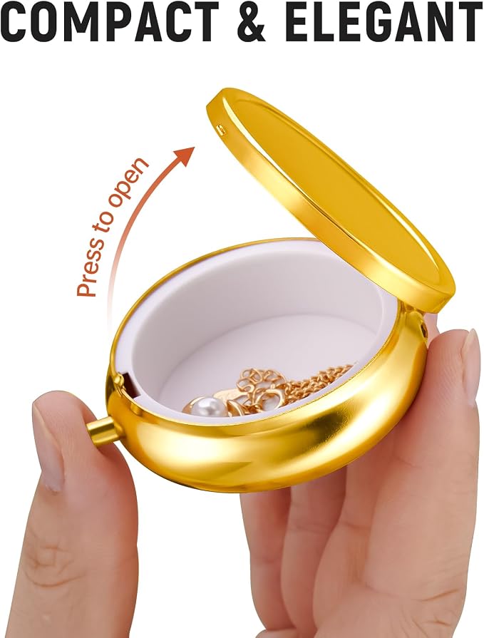 Mini Travel Jewelry Box with Built-In Mirror, Ultra-Portable Jewelry Holder for Rings, Necklaces, Earrings, Pills, Tea Bags, Small Accessories, Press-to-Open Multifunctional Storage (Gold) - Image 3
