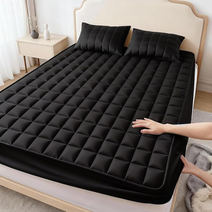 Waterproof Quilted Mattress Protector, Gray, Deep Pocket 9-15 Inches, Cooling Breathable Bed Cover, Hotel Quality (Black, Twin)