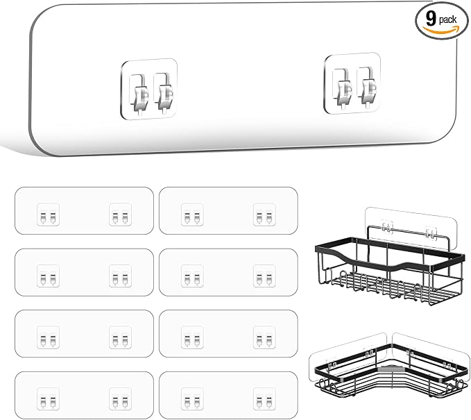 9-Pack Shower Caddy Adhesive Replacement, Transparent Adhesive Hooks Stickers, Strong Hook Strip for Shower Caddy Basket Shelf, Soap Holder, Bathroom Storage Corner Shelves, Kitchen Racks by HAOBAOBEI
