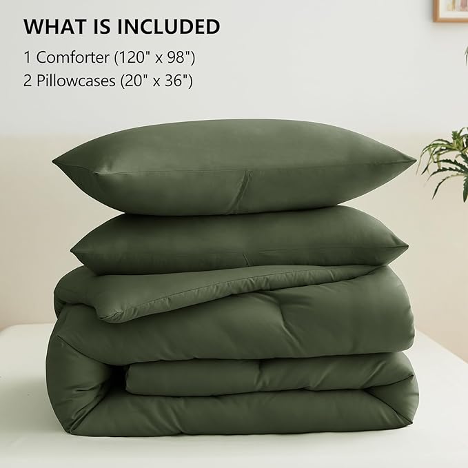 CozyLux Oversized King Comforter Set Olive Green, 3 Pieces 120x98 Solid Breathable Quilted Bedding Sets All Seasons, Luxury Soft Lightweight Bed Set with Down Alternative Comforter and 2 Pillowcases