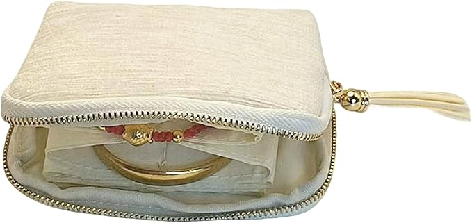 Small Travel Jewelry Case - Jewelry Travel Organizer Bag with Tassel Zipper for Bracelets, Necklaces, Bangles, Jewelry Organizer Storage Bag Gift for Women Girls - LJB001-Beige - Image 3