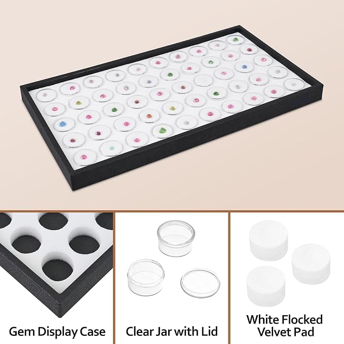Ikee Design White Foam Gem Jars Showcase Stackable Display Tray for Collectibles, Home Organization Storage Box with 50 Gemstones and Bead Storage Jars, White Foam/Black Tray - Image 4