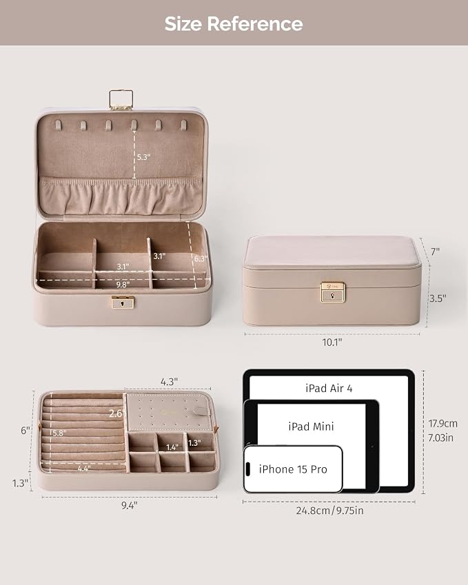 Jewelry Box, 2-Layer Jewelry Holder Organizer with Lock, Removable Jewelry Tray for Earrings Necklaces Bracelets, Light Taupe - Image 7