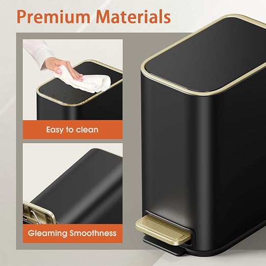 Small Bathroom Trash Can with Lid Soft Close, 5L / 1.3 Gallon Slim Garbage Can with Removable Inner Bucket, Step Stainless Steel Trash Bin for Office, Bathrooms, Bedroom, Living Room (Black) - Image 5