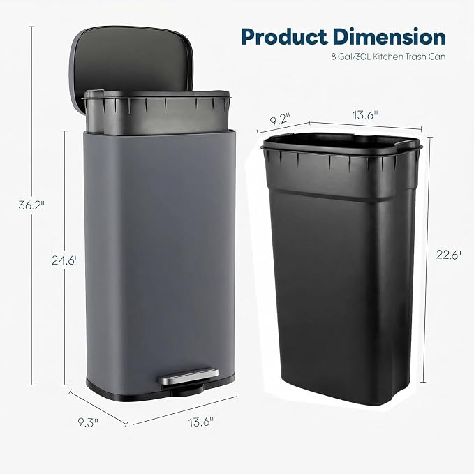 8 Gal Kitchen Trash Can, 30L Recycling or Garbage Bin, Brushed Stainless Steel Waste Basket, Soft&Quiet Close Dustbin, with Step-On Pedal, Removable Inner Bucket, for Home, Office, Living Room - Image 2