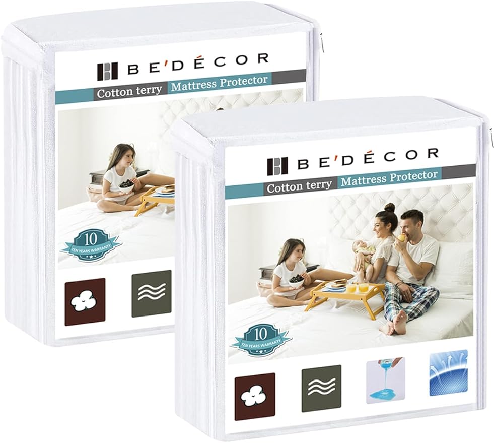 Bedecor 2 Packs Queen Mattress Protector Waterproof Protection Soft Cotton Terry Top Cover,for Babies Pregnant Women Incontinent Persons Deep Pocket to 18"