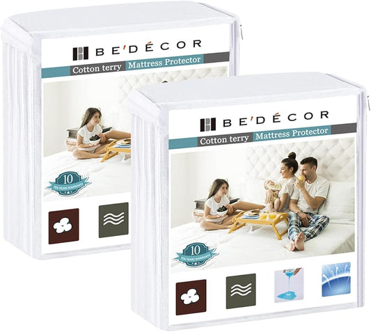 Bedecor 2 Packs Queen Mattress Protector Waterproof Protection Soft Cotton Terry Top Cover,for Babies Pregnant Women Incontinent Persons Deep Pocket to 18"