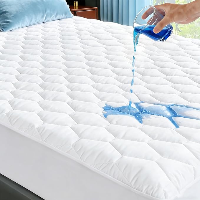Queen Mattress Protector Waterproof Washable Mattress Padded Cover Fitted Queen Size Bed Protection Noiseless Plastic Bed Pad Deep Pocket Up to 18“ Soft and Breathable（White）