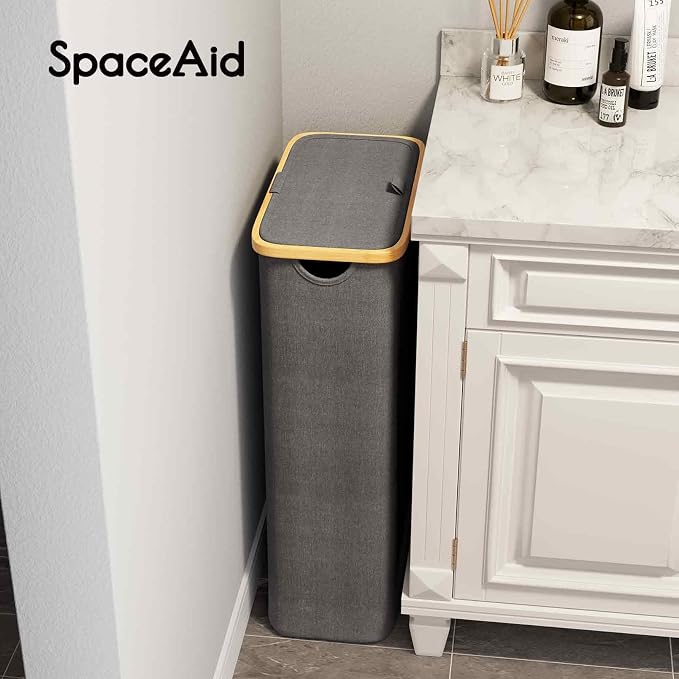 SpaceAid Slim Laundry Hamper with Lid, 65L Narrow Clothes Basket Bin with Bamboo Handles, Skinny Tall Collapsible Hamper for Bedroom, Bathroom, Dorm, Laundry Room - Grey - Image 6