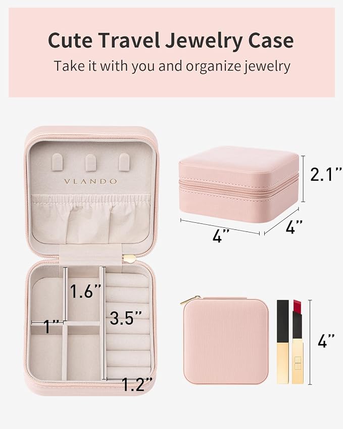 VLANDO Travel Jewelry Case - Teacher Appreciation Gifts for Women - Small Jewelry Travel Organizer Box Travel Essentials Gift for Teen Girl Women - Pink - Image 5