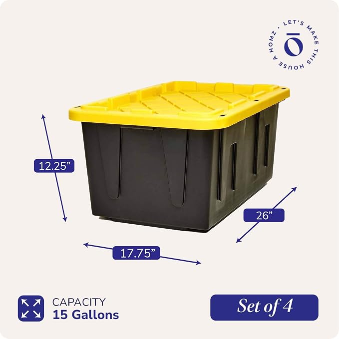 HOMZ 4-Pack Durabilt Tote, Heavy Duty Plastic Storage Bins with Lids, 15 Gallon, Black/Yellow - Stackable Organizing Containers for Home, Garage, and Office - Image 4