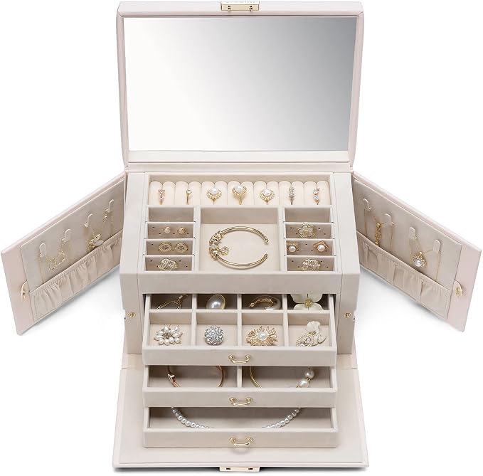 Vlando Lockable Jewelry Box Organizer with Key, 3-Tiered Storage Tray for Necklaces Earrings Rings Bracket Accessories Storage Display, Full HD-Mirror, Pink Beige - Image 8