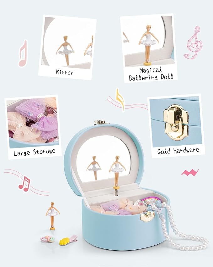 VLANDO Bithday Gift for Girl - Musical Jewelry Box for Girls, Small Kid Music Box with Ballerina for Party Bedroom Decor, Gifts for Girls Kids - Blue - Image 5