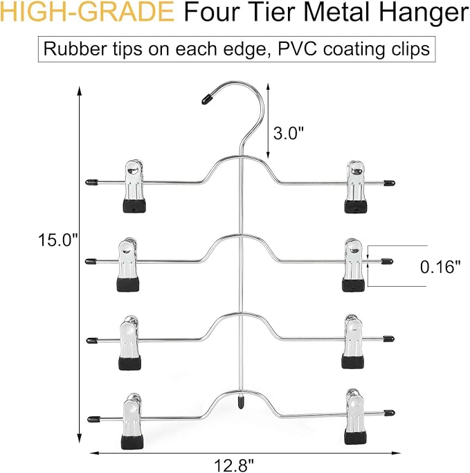 TOPIA HANGER 4 Tier Metal Skirt Hangers for Women, Pants Hanger Space Saving with Adjustable Clips, Gain 70% More Space, Non Slip Grip for Slacks, Trousers, Shorts, Jeans, Towels, Black, 4-Pack, CT61B - Image 5
