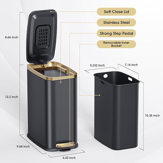 CEROELDA Small Bathroom Trash Can with Lid Soft Close-5L/1.3 Gal Slim Garbage Can-Metal Step Wastebasket-Rectangle Narrow Waste Bin for Office, Bedroom, Toilet, Live Room (Black) - Image 5