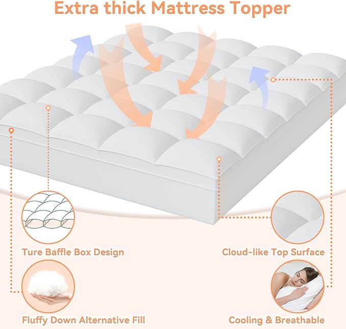 Topllen Cal King Mattress Topper for Back Pain Relief, Extra Thick Pillow Top Plush Mattress Pad with Deep Pocket, Soft Pillowtop California King Size Bed Toppers Filled Fluffy, White