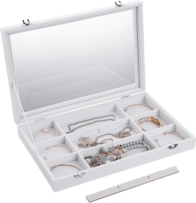 Frebeauty Velvet Jewelry Tray,12 Grid Jewelry Organizer with Clear Lid,Bracelets Holder,Jewelry Display Case with Clasp,Drawer Insert Bangle Brooch,13.8 x 9.5 x 2 Inches,Gift for Women Girls(White) - Image 5