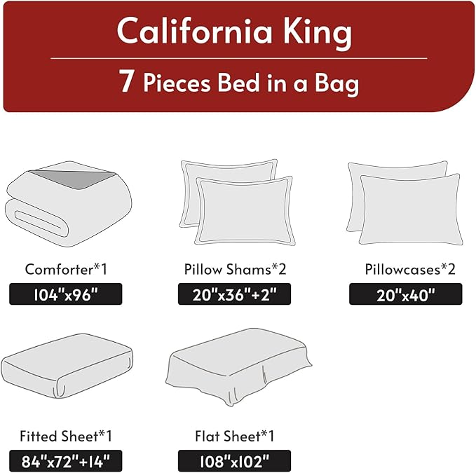 MUXHOMO 7 Pieces California King Comforter Set, Reversible Bed in a Bag Cal King Size, All Season Bedding Set with Comforter, Flat Sheet, Fitted Sheet, Pillowcases & Shams, Hot Pink & Baby Pink
