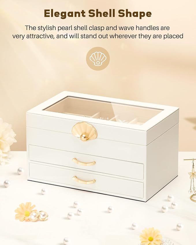 Enthralite Jewelry Box with 2 Drawers: Display Organizer for Earrings Necklaces - Gift for Girls Women (White) - Image 3
