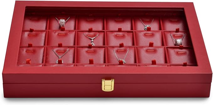 Oirlv Luxury Leather Necklace Tray with 24 Grid Removable Jewelry Cards Jewelry Organizer Box with Transparent Acrylic Lid Necklace Pendant Display Case - Image 8