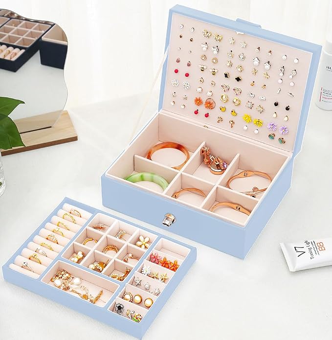 QBestry Girls Jewelry Box Earring Holder Organizer for Girls Jewelry Organizer Box Stud Earrings Organizer for Girls Womens Blue Jewelry Box for Earrings and Necklaces Rings Stud Earrings Box for Teen - Image 2