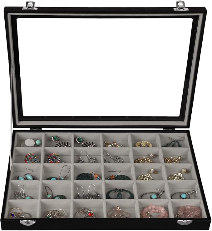 Stratalife Jewelry Organizer Earring Holder Jewelry Tray Earring Storage Organizer Display Rock Collection Box Jewelry Storage For Women Girls 30 Grid (Gray Black) by Stratalife