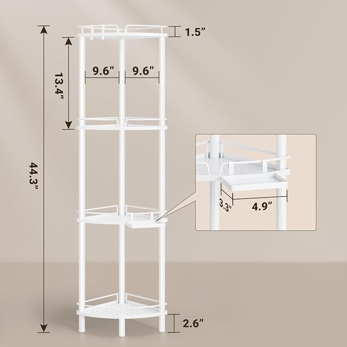 ELYKEN Corner Shower Caddy Standing, 4 Tier Rustproof Metal Shower Organizer with Soap Holder, Floor Shower Corner Shelf Rack Storage Stands with Adjustable Feet & 2 Hooks for Bathroom, White - Image 2