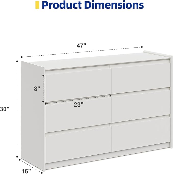 White Dresser for Bedroom, 47" Wide Chest of Drawers, Modern 6 Drawer Storage Organizer for Closet, Hallway, or Living Room