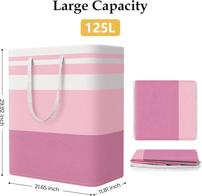 StorageRight Large Collapsible Laundry Basket Hamper with Easy Carry Handles，Freestanding Clothes Hampers for Laundry, Bedroom, Dorm, Towels, Toys, 125L, Pink - Image 2