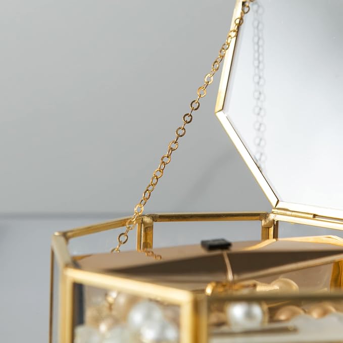 Glass Vintage Jewelry Box, Golden Geometric Jewelry Display Organizer Box Vanity Lidded Box Home Decor Accent Decorative Box for Storage Trinket Rings Bracelet - Image 7