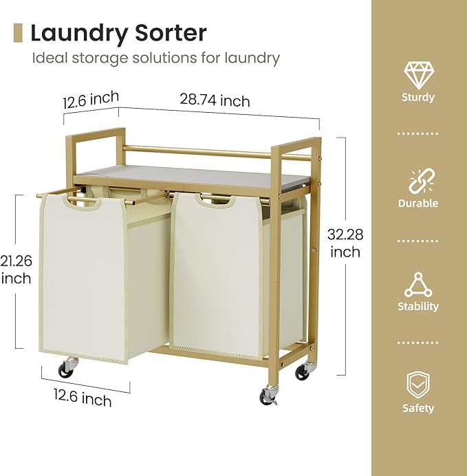 SwaaVee Laundry Hamper, Laundry Basket, Laundry Sorter with 3 Removable Bags, Clothes Basket with 3 Compartments, Wheels, Shelf for Laundry Room Bathroom Bedroom (2 Bags-Golden) - Image 2