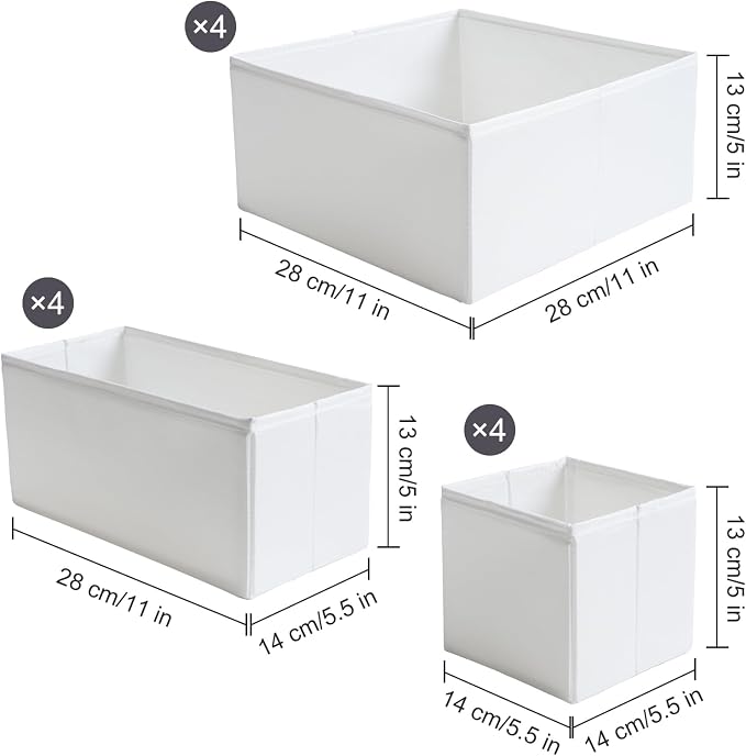 TYEERS Drawer Organizers, Durable Fabric, Washable, with Base Support Boards, Small Storage Boxes for Bathroom, Closet, Dresser, Set of 12, White - Image 2