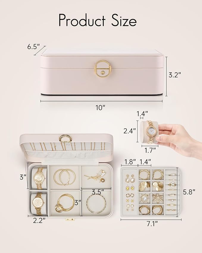 VLANDO 2 Layer Jewelry Box,Jewelry Organizer Storage Lockable Earring Organizer Removable Jewelry Tray with Watch Pillow for Neckable Ring Bracelets-Apricot Pink - Image 3