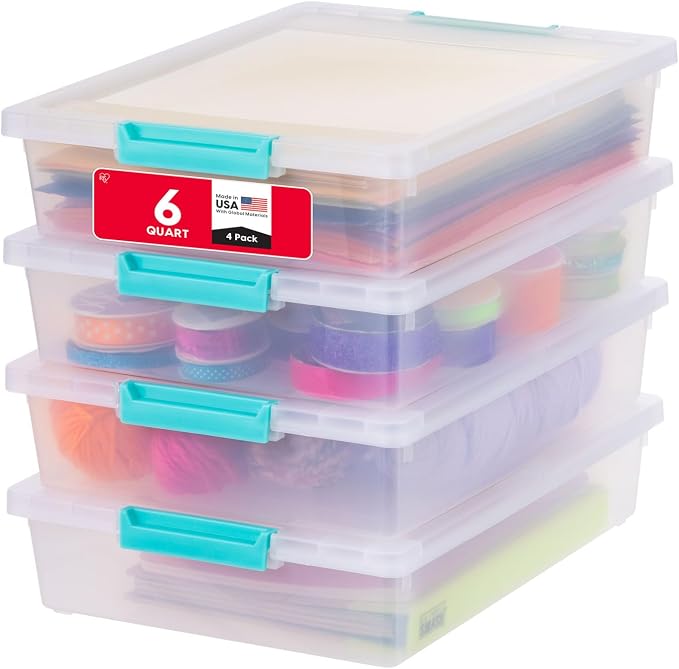 IRIS USA 6 Qt. Craft Storage Bins with Lids, 4-Pack, |Made in USA|, Clip Box, Small Plastic Sensory Bin Tote Organizer Containers for Art Supplies, Paper, & Office, Stackable - Clear/Seafoam Blue by IRISUSA