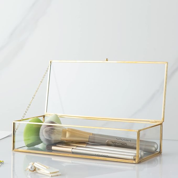 Vintage Glass Keepsake Box, Rectangle Jewelry Display Organizer Box Vanity Lidded Box Home Decor Accent Decorative Box for Storage Trinket Rings Bracelet - Image 3