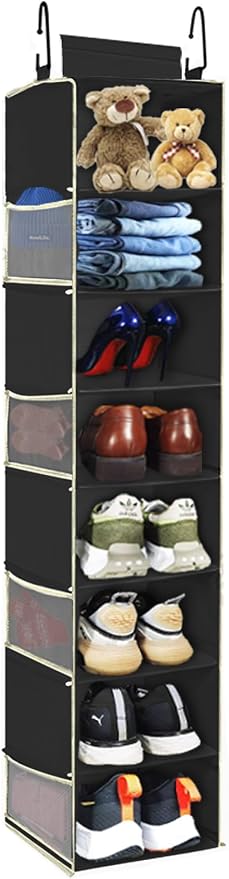 Large-Sized Hanging Shoe Organizer 8-Shelf, Hanging Closet Organizer with 8 Side Pockets, Wider Hanging Shelves for Storage Shoes Clothes 9" W × 11.8" D× 48" H, Black. by ROOMTALK