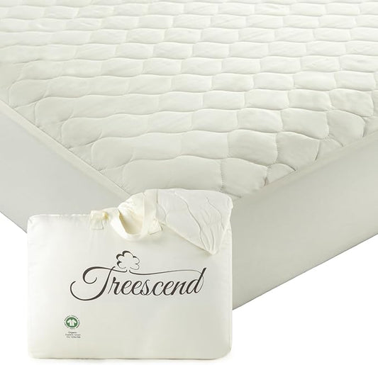 100% Cotton Organic Mattress Protector | Breathable & Noiseless GOTS Organic Mattress Pad with Premium 300GSM Durability | Machine Washable Quilted Bed Protector with Deep Pocket (Ivory, Full)