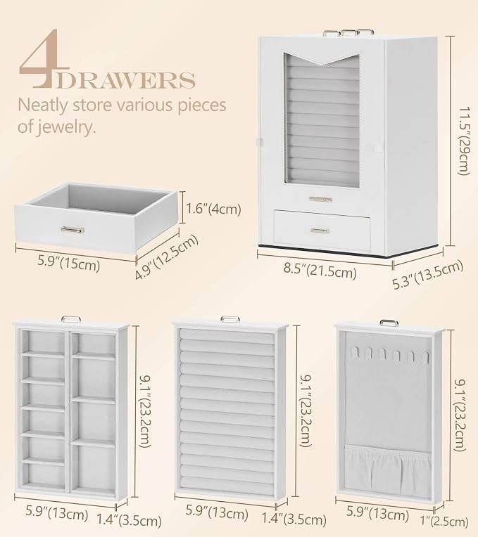 Homde Jewelry Organizer with Transparent Window Necklace Hooks Gift for Women Jewelry Box Display Case for Necklaces Rings Earrings Bracelets and Other Jewelry Accessories (White) - Image 6