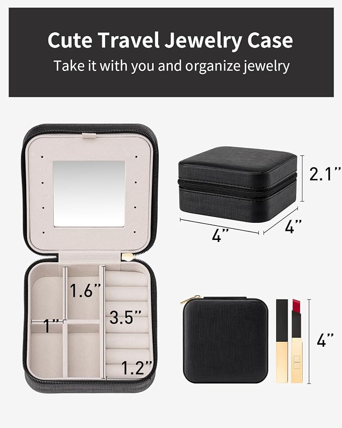 VLANDO Travel Jewelry Case, Mothers Day Mom Gifts, Small Jewelry Travel Organizer Box for Girls Women with Mirror Black - Image 6