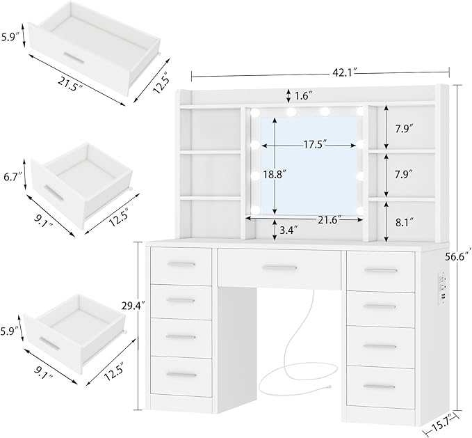 FIONESO Vanity Desk with Mirror and Lights, Power Outlet, Makeup Vanity with 9 Drawers & 6 Open Storage Shelves, 3 Lighting Modes Brightness Adjustable, White